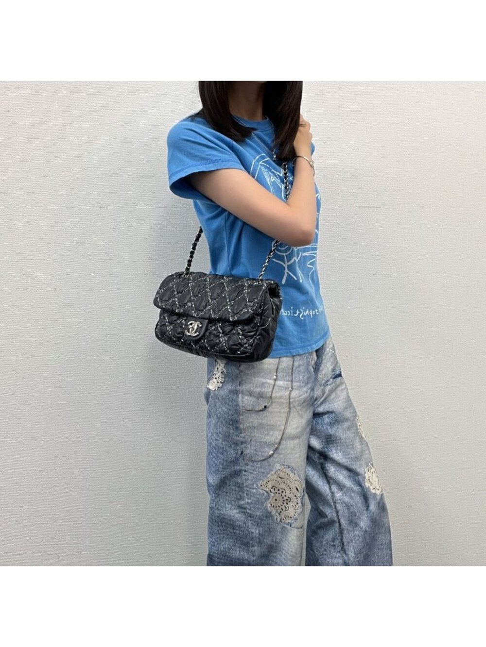 Chanel Quilted Tweed on Stitch Bubble Flap Shoulder Bag Nylon Black Silver Seal